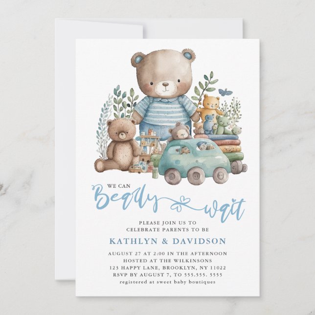 Blue Woodland We Can Barely Wait Boy Baby Shower Invitation (Front)