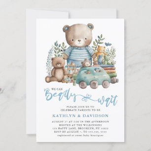 Blue Woodland We Can Barely Wait Boy Baby Shower Invitation