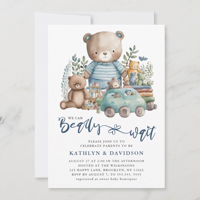 Blue Woodland We Can Barely Wait Boy Baby Shower Invitation (Front)