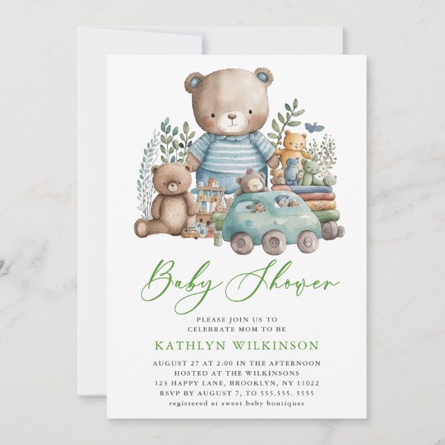 Blue Woodland We Can Barely Wait Boy Baby Shower Invitation (Front)
