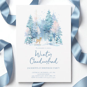 Blue Woodland Winter Onederland 1st Birthday Party Invitation