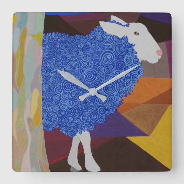 Blue Wool Sheep Square Wall Clock (Front)