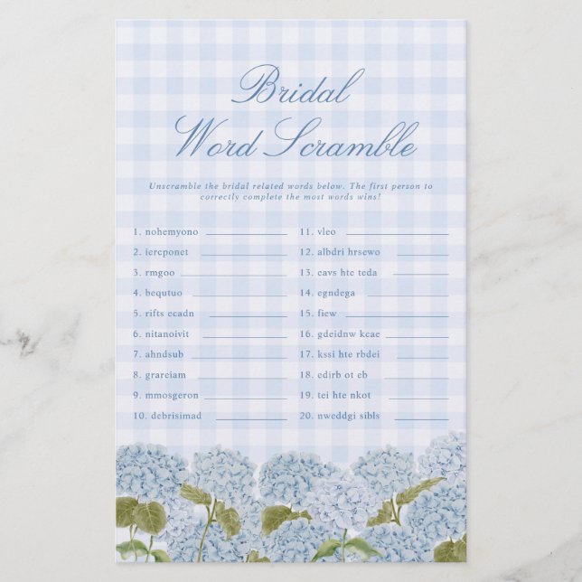 Blue Word Scramble Bridal Game (Front)