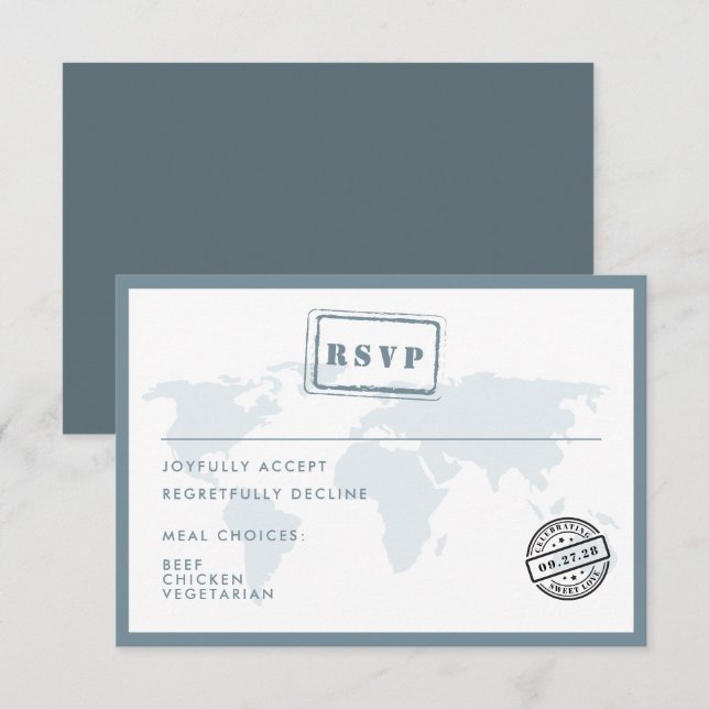 Blue World Map Destination Wedding Date Stamp RSVP Card (Front/Back)