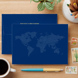 Blue World Map Destination Wedding Envelope