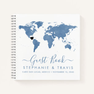Blue World Map Heart Destination Guest Book