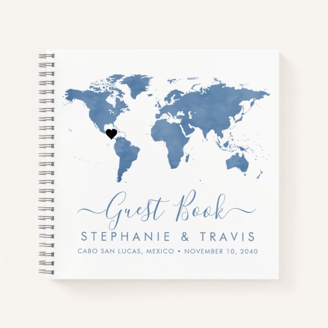 Blue World Map Heart Destination Guest Book (Front)
