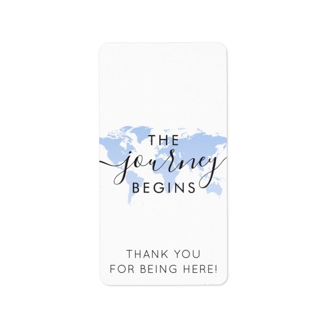 Blue World Map Journey Begins Mini Candy Bar Wrap Label (Front)