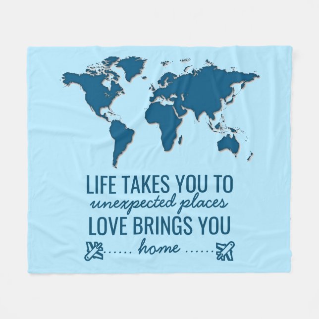 Blue World Map Motivational Life Typography Quote Fleece Blanket (Front (Horizontal))