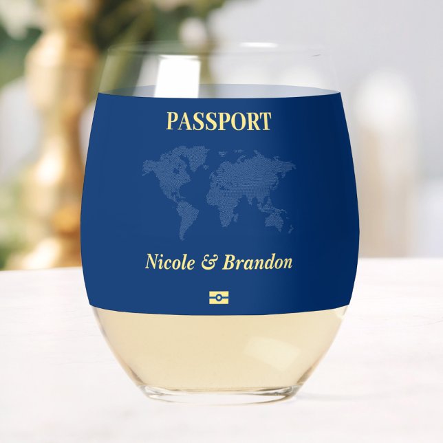 Blue World Map Passport Destination Wedding Stemless Wine Glass (Blue World Map Passport Destination Wedding Stemless Wine Glass)