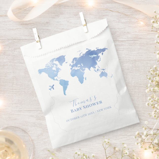Blue World Map Travel Adventure Baby Shower  Favour Bag (Clipped)