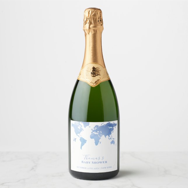 Blue World Map Travel Adventure Baby Shower  Sparkling Wine Label (Front)