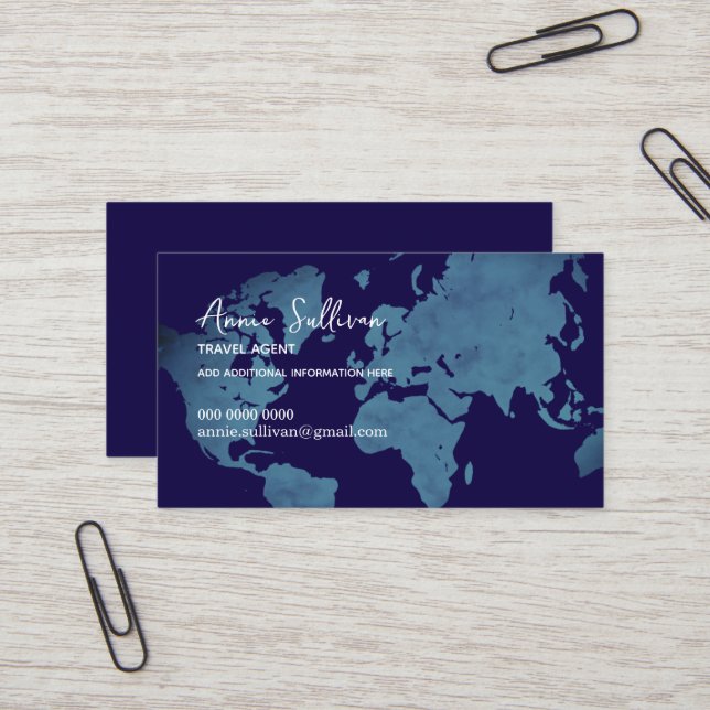  Blue World Map Travel Agent Business Card (Front/Back In Situ)