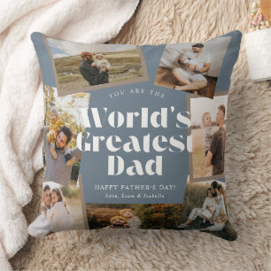 Blue World's Greatest Dad 7 Photo Collage Throw Pillow
