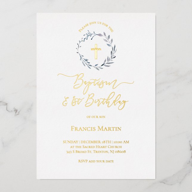 blue wreath | Baptism and 1st Birthday Invitation (Front)