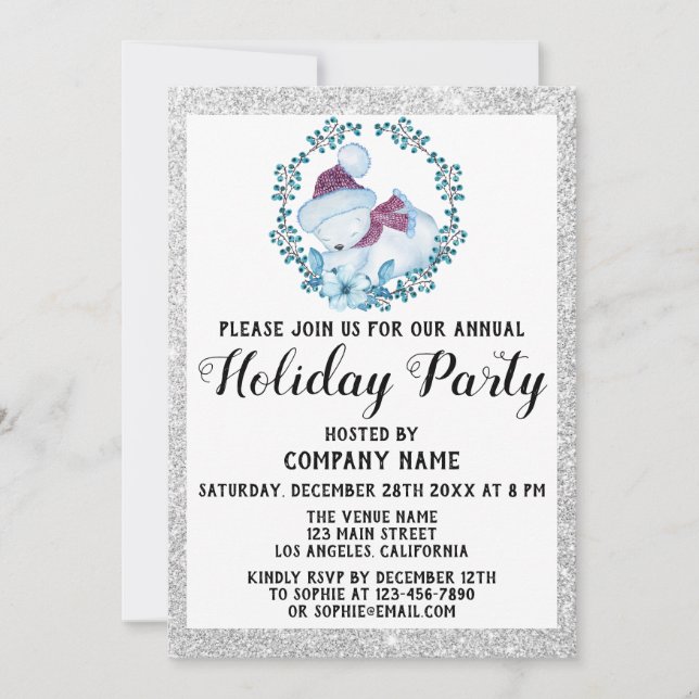 Blue Wreath Christmas Company Holiday Party Silver Invitation (Front)