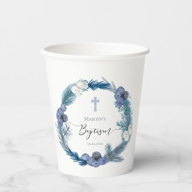 blue wreath design | winter Baptism Paper cup (Front)