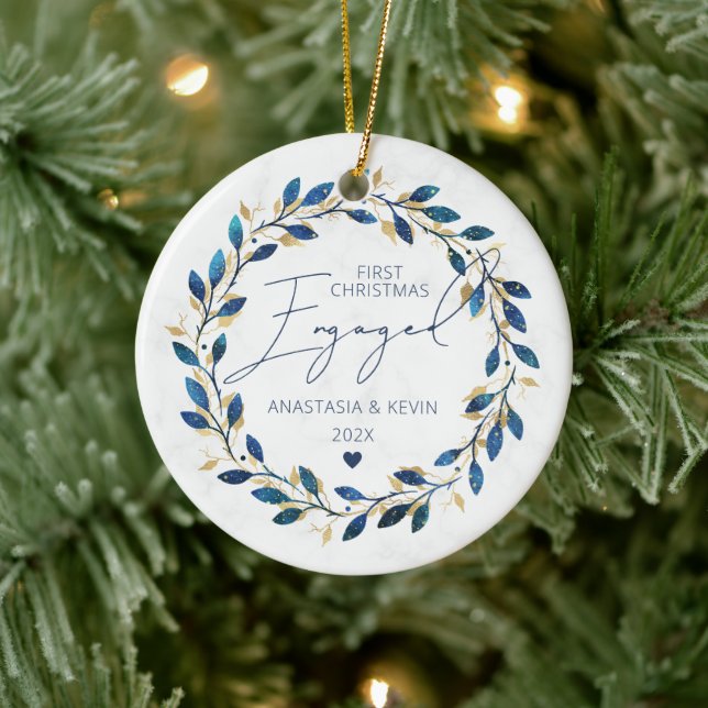 Blue Wreath First Christmas Engaged Ceramic Ornament (Tree)
