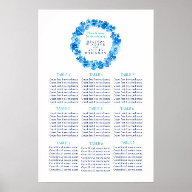 Blue wreath watercolor wedding seating table plan poster (Front)