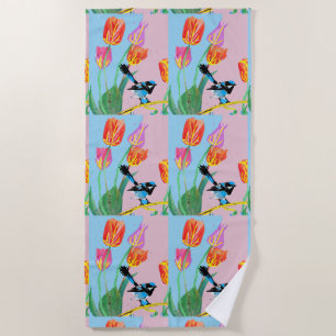 Blue Wren Bird Pink and Blue flowers Beach Towel