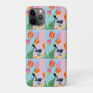 Blue Wren Bird Pink and Blue flowers  iPhone 11 Pro Case