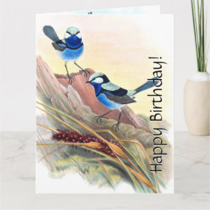 Blue Wren Birds Floral Wildlife Flowers Birthday Card
