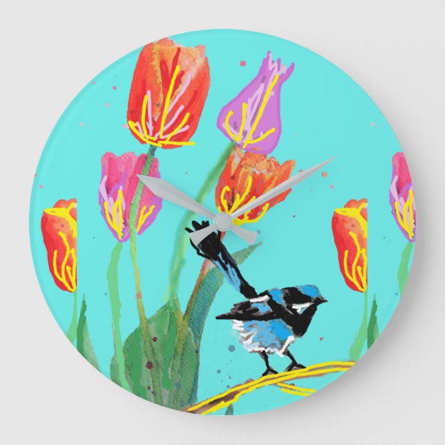 Blue Wren Blue Birds Painted Art Wall Clock (Front)
