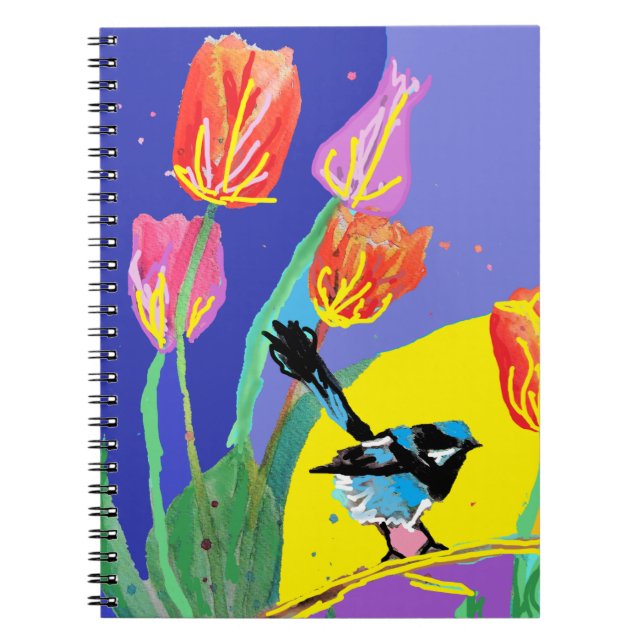 Blue Wren Floral Watercolour Wrens Bird Notebook (Front)