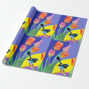 Blue Wren Tulips art flowers Watercolor Wrapping Paper