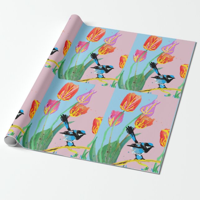 Blue Wren Tulips art flowers Watercolor Wrapping Wrapping Paper (Unrolled)