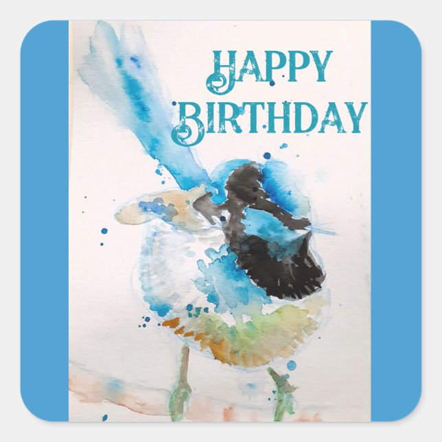 Blue Wren Watercolor Happy Birthday Wrens Aqua Square Sticker (Front)