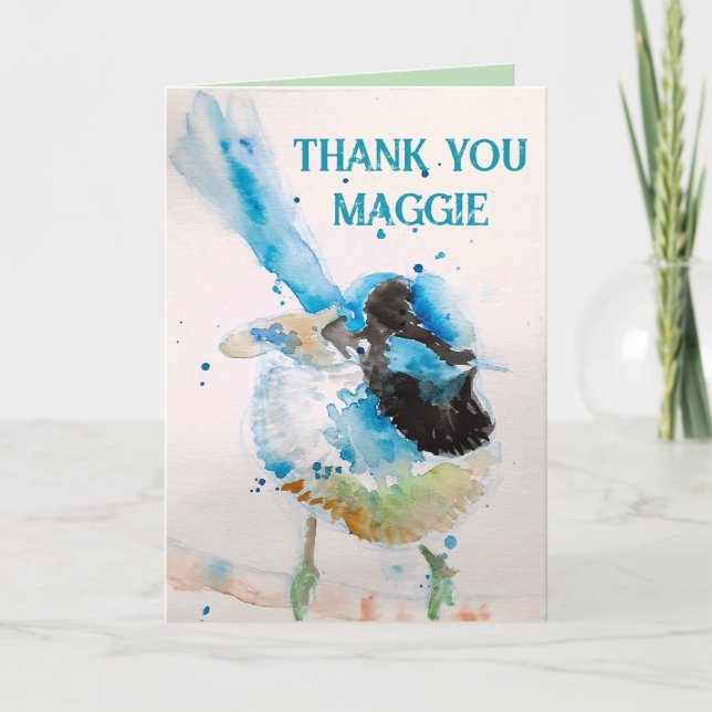 Blue Wren Watercolour Thank You Budgie Aqua Card (Front)