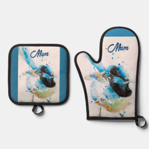 Blue Wren Wrens Watercolour Teal Blue Australian Oven Mitt & Pot Holder Set