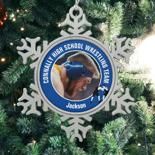 Blue Wrestling Team Photo High School Wrestler Snowflake Pewter Christmas Ornament
