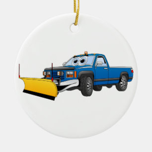 Blue Y Pick Up Snow Plow Cartoon Ceramic Ornament