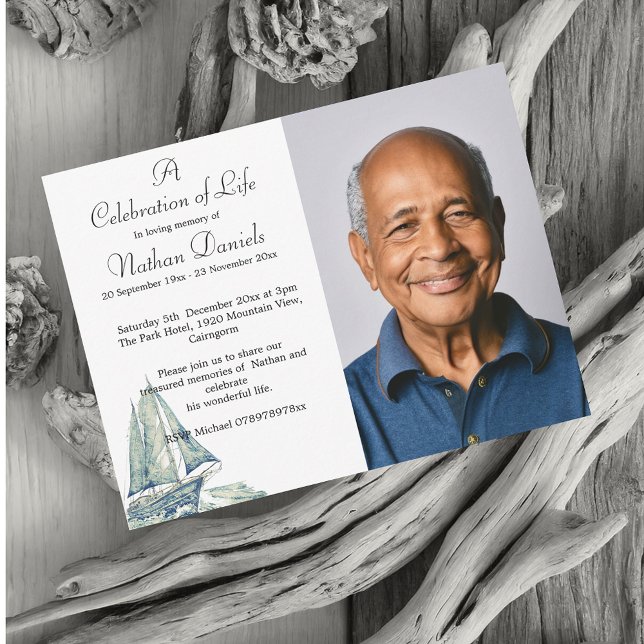 Blue Yacht Photo Celebration of Life Card (Creator Uploaded)