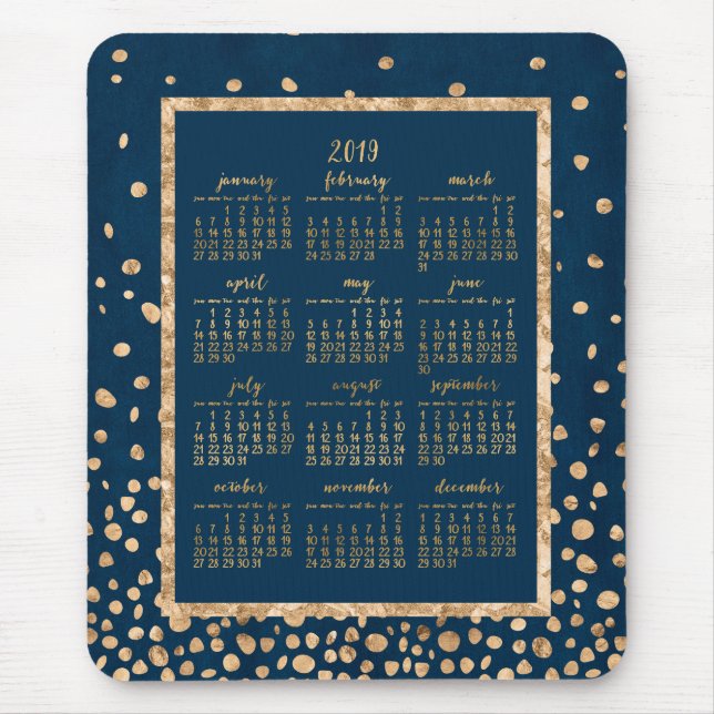 Blue Yearly Calendar 2019 Mouse Pads Gold Confetti (Front)