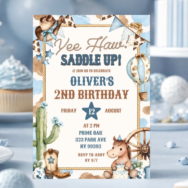 Blue Yee Haw Cowboy Birthday Invitation (Creator Uploaded)