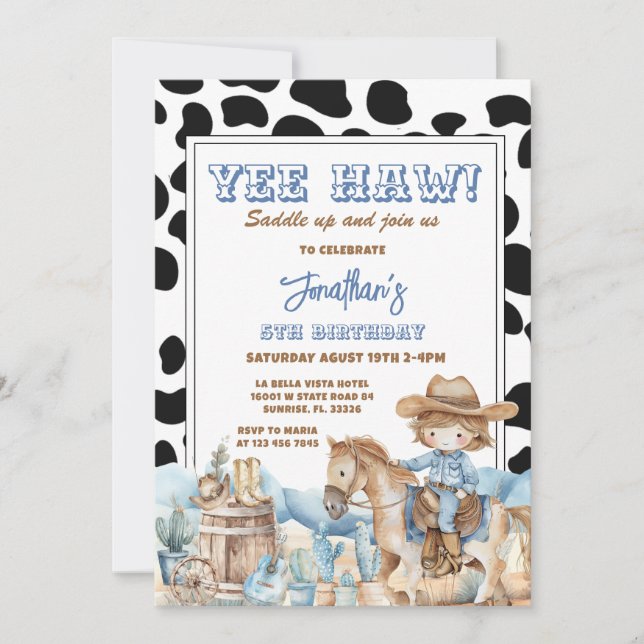 Blue Yee haw! Western Cowboy 5th Rodeo Birthday Invitation (Front)
