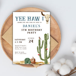 Blue Yee Haw Western Rodeo Cowboy Birthday Invitation