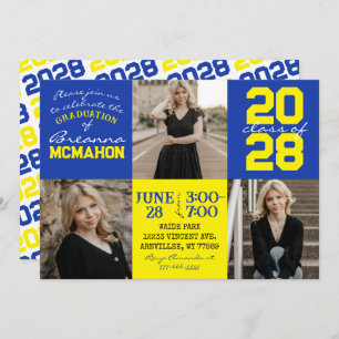 Blue & Yellow 3 Photo Graduation Invitation