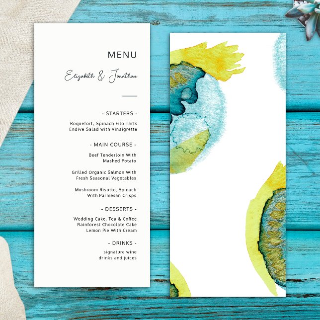 Blue Yellow Abstract Watercolor Art Unique Wedding Menu (Front/Back)