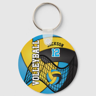Blue, Yellow and Black Volleyball Design Keychain