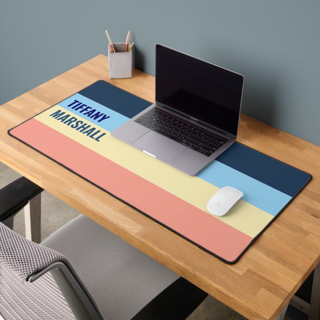 Blue Yellow and Coral Pink Stripes Pattern  Desk Mat (Office 2)