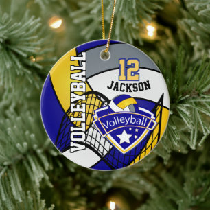 Blue, Yellow and Gray Personalize Volleyball Logo Ceramic Ornament