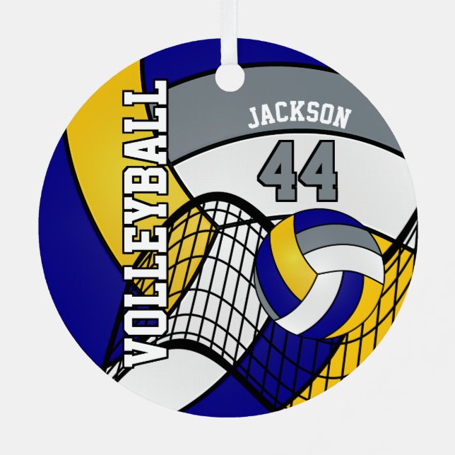 Blue, Yellow and Gray Personalize Volleyball  Metal Ornament (Back)