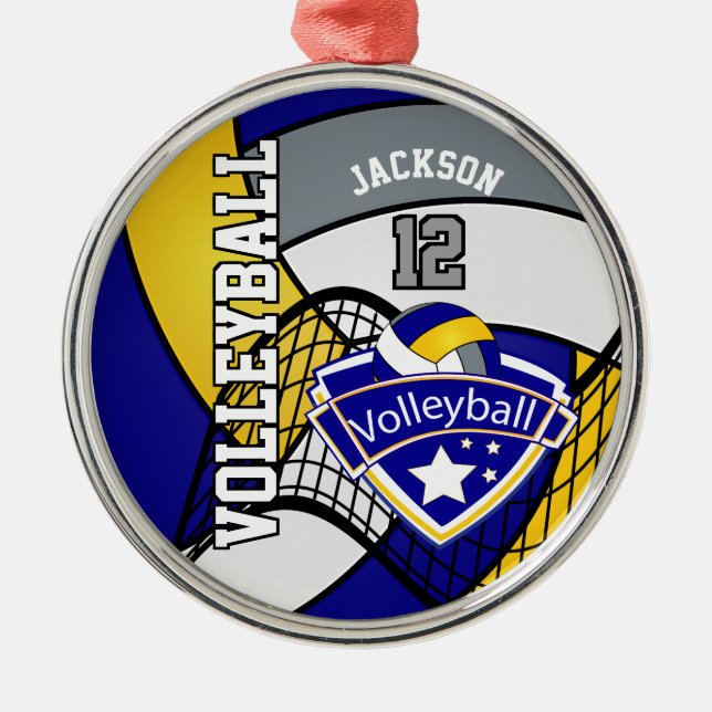 *Blue, Yellow and Grey Personalize Volleyball Logo Metal Ornament (Front)