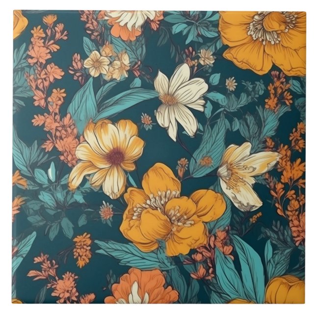 Blue, yellow and orange pretty floral tile (Front)