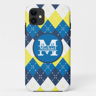 Blue, Yellow, and White Argyle Personalize iPhone 11 Case