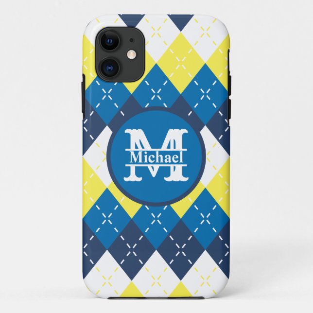 Blue, Yellow, and White Argyle Personalize Case-Mate iPhone Case (Back)